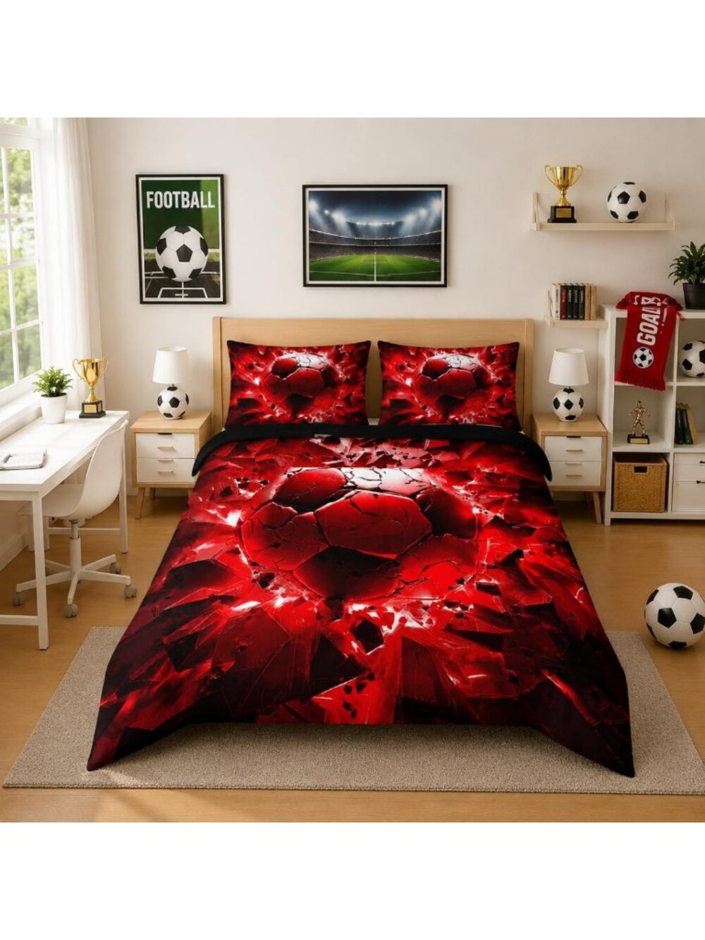 Soccer Comforter Set Full Size for Kids & Teens, 3 PCS Red & Black Sports